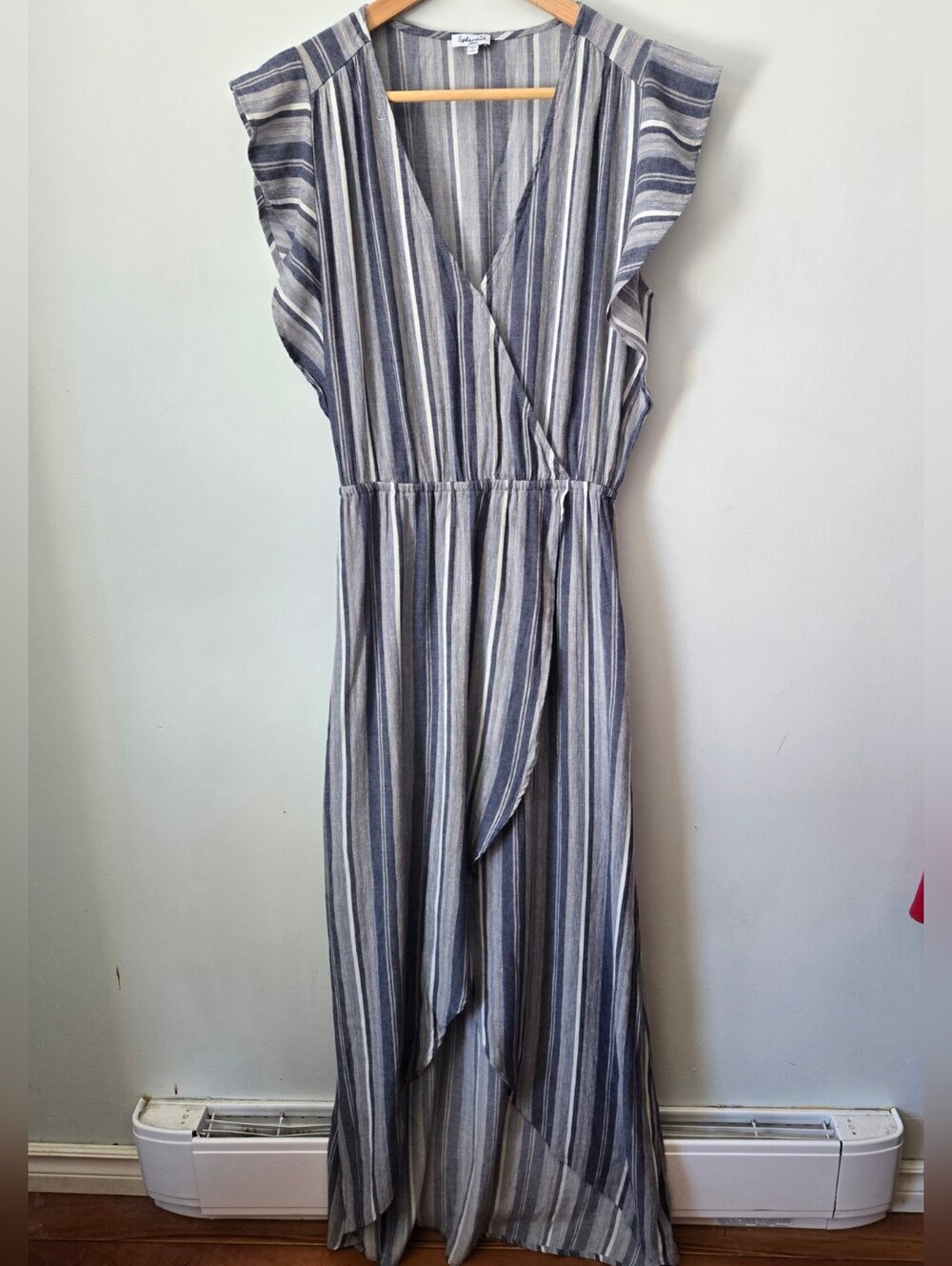 SPLENDID Blue and White Striped Faux Wrap High Low Maxi Viscose Blend Dress
